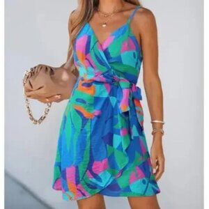 Cupshe Brand Women's Papya Pop Colorful Mini Wrap Dress Size Medium Tropical